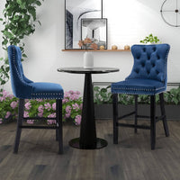 2X Velvet Bar Stools with Studs Trim Wooden Legs Tufted Dining Chairs Kitchen Furniture Kings Warehouse 