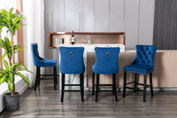 2X Velvet Bar Stools with Studs Trim Wooden Legs Tufted Dining Chairs Kitchen Furniture Kings Warehouse 