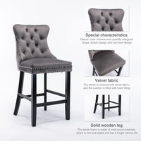 2X Velvet Bar Stools with Studs Trim Wooden Legs Tufted Dining Chairs Kitchen Furniture Kings Warehouse 