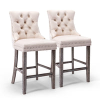 2X Velvet Bar Stools with Studs Trim Wooden Legs Tufted Dining Chairs Kitchen Furniture Kings Warehouse 