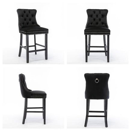 2X Velvet Bar Stools with Studs Trim Wooden Legs Tufted Dining Chairs Kitchen Furniture Kings Warehouse 