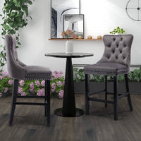2X Velvet Bar Stools with Studs Trim Wooden Legs Tufted Dining Chairs Kitchen Furniture Kings Warehouse 