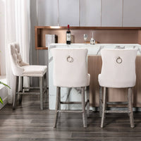 2X Velvet Bar Stools with Studs Trim Wooden Legs Tufted Dining Chairs Kitchen Furniture Kings Warehouse 