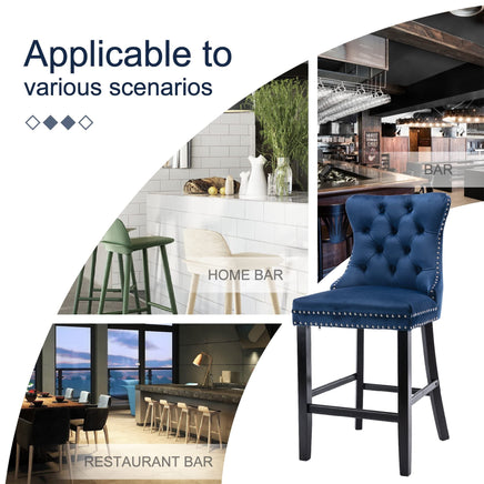 2X Velvet Bar Stools with Studs Trim Wooden Legs Tufted Dining Chairs Kitchen Furniture Kings Warehouse 