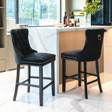 2X Velvet Bar Stools with Studs Trim Wooden Legs Tufted Dining Chairs Kitchen Furniture Kings Warehouse 