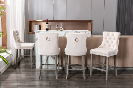 2X Velvet Bar Stools with Studs Trim Wooden Legs Tufted Dining Chairs Kitchen Furniture Kings Warehouse 