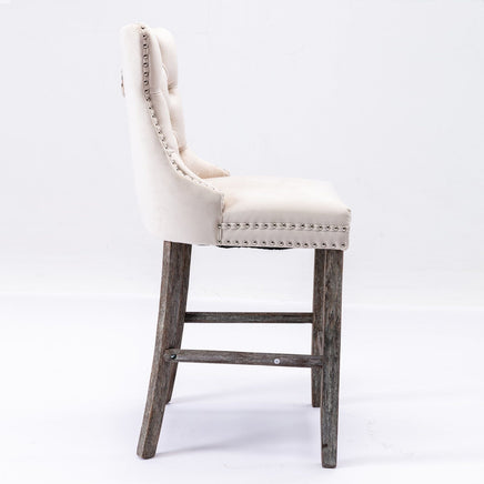 2X Velvet Bar Stools with Studs Trim Wooden Legs Tufted Dining Chairs Kitchen Furniture Kings Warehouse 