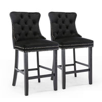 2X Velvet Bar Stools with Studs Trim Wooden Legs Tufted Dining Chairs Kitchen Furniture Kings Warehouse 