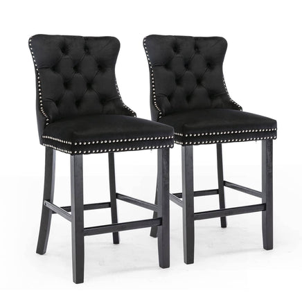 2X Velvet Bar Stools with Studs Trim Wooden Legs Tufted Dining Chairs Kitchen Furniture Kings Warehouse 