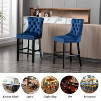 2X Velvet Bar Stools with Studs Trim Wooden Legs Tufted Dining Chairs Kitchen Furniture Kings Warehouse 