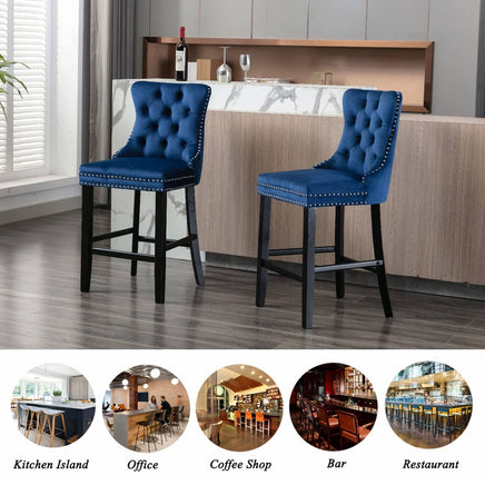 2X Velvet Bar Stools with Studs Trim Wooden Legs Tufted Dining Chairs Kitchen Furniture Kings Warehouse 