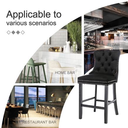 2X Velvet Bar Stools with Studs Trim Wooden Legs Tufted Dining Chairs Kitchen Furniture Kings Warehouse 