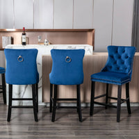 2X Velvet Bar Stools with Studs Trim Wooden Legs Tufted Dining Chairs Kitchen Furniture Kings Warehouse 