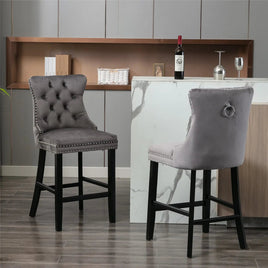 2X Velvet Bar Stools with Studs Trim Wooden Legs Tufted Dining Chairs Kitchen Furniture Kings Warehouse 