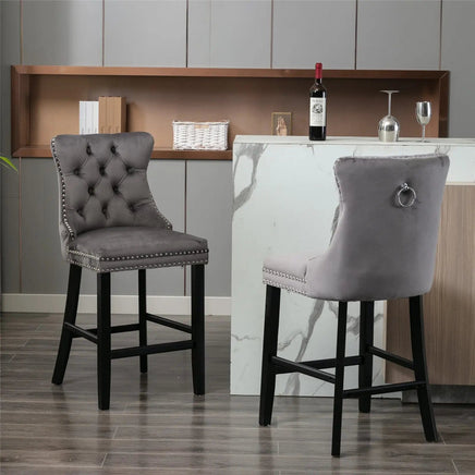 2X Velvet Bar Stools with Studs Trim Wooden Legs Tufted Dining Chairs Kitchen Furniture Kings Warehouse 