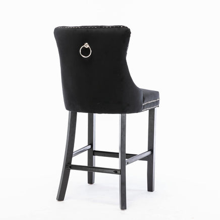 2X Velvet Bar Stools with Studs Trim Wooden Legs Tufted Dining Chairs Kitchen Furniture Kings Warehouse 