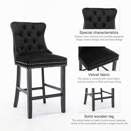 2X Velvet Bar Stools with Studs Trim Wooden Legs Tufted Dining Chairs Kitchen Furniture Kings Warehouse 