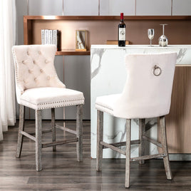 2X Velvet Bar Stools with Studs Trim Wooden Legs Tufted Dining Chairs Kitchen Furniture Kings Warehouse 