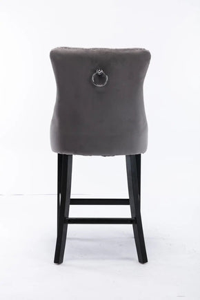 2X Velvet Bar Stools with Studs Trim Wooden Legs Tufted Dining Chairs Kitchen Furniture Kings Warehouse 