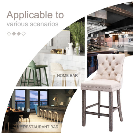 2X Velvet Bar Stools with Studs Trim Wooden Legs Tufted Dining Chairs Kitchen Furniture Kings Warehouse 