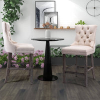 2X Velvet Bar Stools with Studs Trim Wooden Legs Tufted Dining Chairs Kitchen Furniture Kings Warehouse 