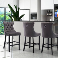 2X Velvet Bar Stools with Studs Trim Wooden Legs Tufted Dining Chairs Kitchen Furniture Kings Warehouse 