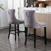 2X Velvet Bar Stools with Studs Trim Wooden Legs Tufted Dining Chairs Kitchen Furniture Kings Warehouse 