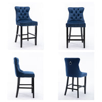 2X Velvet Bar Stools with Studs Trim Wooden Legs Tufted Dining Chairs Kitchen Furniture Kings Warehouse 