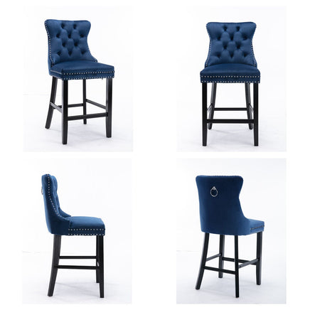 2X Velvet Bar Stools with Studs Trim Wooden Legs Tufted Dining Chairs Kitchen Furniture Kings Warehouse 