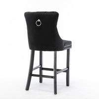 2X Velvet Bar Stools with Studs Trim Wooden Legs Tufted Dining Chairs Kitchen Furniture Kings Warehouse 