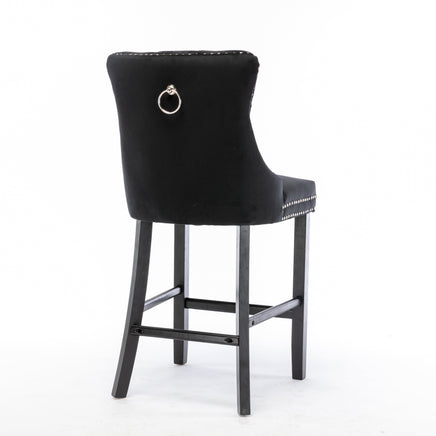 2X Velvet Bar Stools with Studs Trim Wooden Legs Tufted Dining Chairs Kitchen Furniture Kings Warehouse 