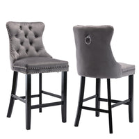 2X Velvet Bar Stools with Studs Trim Wooden Legs Tufted Dining Chairs Kitchen Furniture Kings Warehouse 