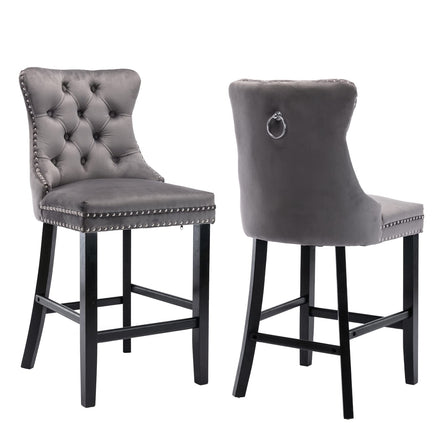 2X Velvet Bar Stools with Studs Trim Wooden Legs Tufted Dining Chairs Kitchen Furniture Kings Warehouse 