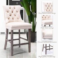 2X Velvet Bar Stools with Studs Trim Wooden Legs Tufted Dining Chairs Kitchen Furniture Kings Warehouse 