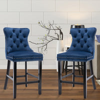 2X Velvet Bar Stools with Studs Trim Wooden Legs Tufted Dining Chairs Kitchen Furniture Kings Warehouse 