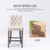 2X Velvet Bar Stools with Studs Trim Wooden Legs Tufted Dining Chairs Kitchen Furniture Kings Warehouse 
