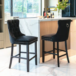 2X Velvet Bar Stools with Studs Trim Wooden Legs Tufted Dining Chairs Kitchen Furniture Kings Warehouse 