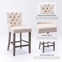 2X Velvet Bar Stools with Studs Trim Wooden Legs Tufted Dining Chairs Kitchen Furniture Kings Warehouse 