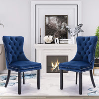 2x Velvet Dining Chairs Upholstered Tufted Kithcen Chair with Solid Wood Legs Stud Trim and Ring-Blue dining Kings Warehouse 