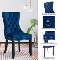 2x Velvet Dining Chairs Upholstered Tufted Kithcen Chair with Solid Wood Legs Stud Trim and Ring-Blue dining Kings Warehouse 