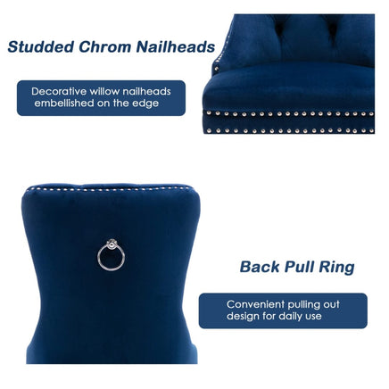 2x Velvet Dining Chairs Upholstered Tufted Kithcen Chair with Solid Wood Legs Stud Trim and Ring-Blue dining Kings Warehouse 