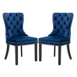 2x Velvet Dining Chairs Upholstered Tufted Kithcen Chair with Solid Wood Legs Stud Trim and Ring-Blue dining Kings Warehouse 