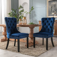 2x Velvet Dining Chairs Upholstered Tufted Kithcen Chair with Solid Wood Legs Stud Trim and Ring-Blue dining Kings Warehouse 