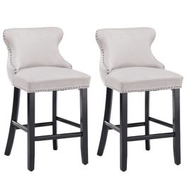 2x Velvet Upholstered Button Tufted Bar Stools with Wood Legs and Studs-Beige bar stools Kings Warehouse 