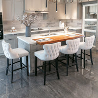 2x Velvet Upholstered Button Tufted Bar Stools with Wood Legs and Studs-Beige bar stools Kings Warehouse 