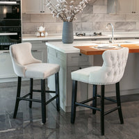 2x Velvet Upholstered Button Tufted Bar Stools with Wood Legs and Studs-Beige bar stools Kings Warehouse 