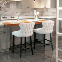 2x Velvet Upholstered Button Tufted Bar Stools with Wood Legs and Studs-Beige bar stools Kings Warehouse 