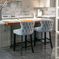 2x Velvet Upholstered Button Tufted Bar Stools with Wood Legs and Studs-Grey bar stools Kings Warehouse 