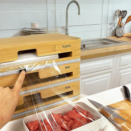 3 Grids Bamboo Food Wrap Dispenser Cutter Foil Cling Film Storage Holder Box Kitchen Home & Garden Kings Warehouse 
