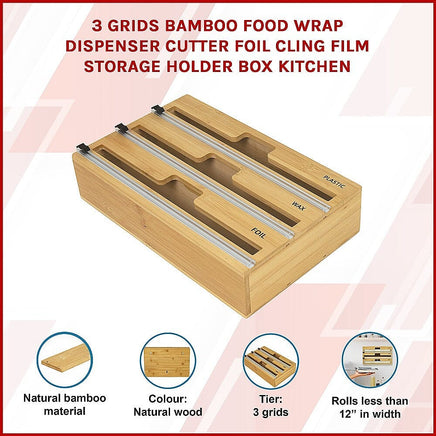 3 Grids Bamboo Food Wrap Dispenser Cutter Foil Cling Film Storage Holder Box Kitchen Home & Garden Kings Warehouse 